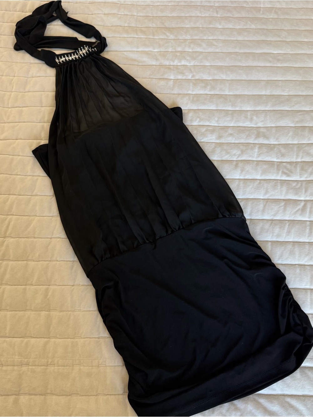 Y2K party Sabora black halter draped overlay bodycon dress silver beaded trim